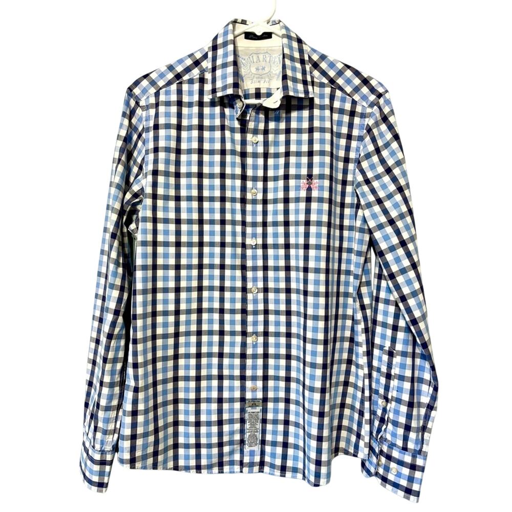 La Martina Men’s Blue Plaid Pima Cotton Long Sleeve Button Up Slim Fit Shirt S